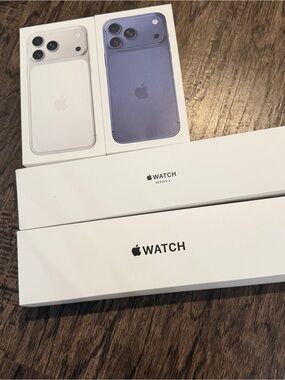 Apple iPhone 17 pro max (White & Blue ) and 2 Apple Watch Empty Boxes